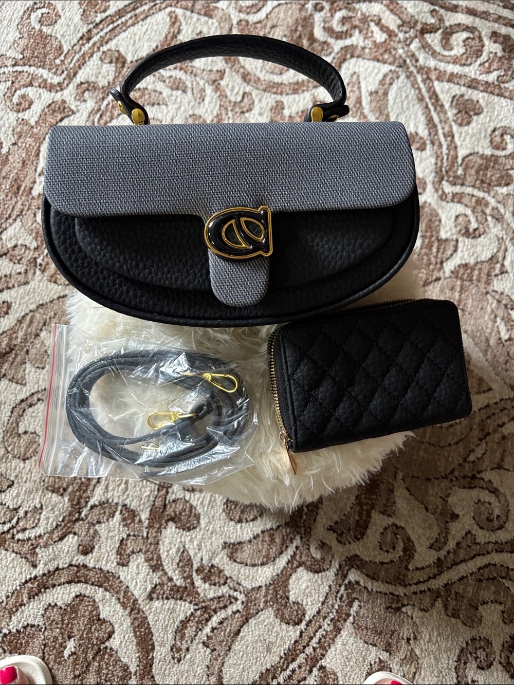 Two-Tone Black and Gray Women's Top-Handle Bag with Wallet and crossbody strap